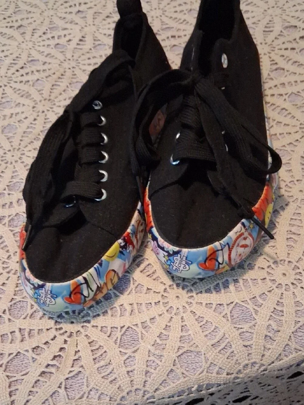 Kids Black Canvas Sneakers with Colorful Printed Toe Trim